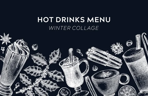 Hot Drinks Menu Design Mulled Wine Coffee Hot Chocolate Vector — Stockvector