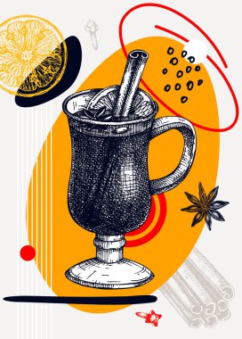 Collage style mulled wine vector illustration. Sketched alcoholic drink. Trendy design with glass mug,geometric and abstract shapes. Hot cocktail for print, poster, card, social media