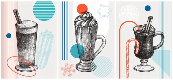 Collage Style Hot Drinks Illustration Cappuccino Pumpkin Latte Mulled Wine — Vetor de Stock