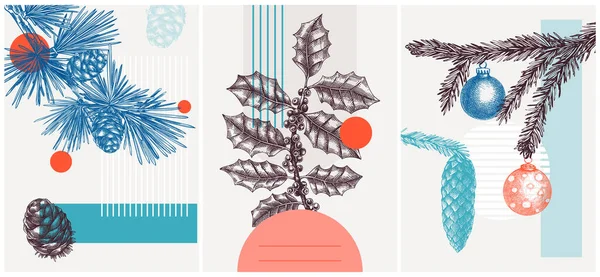 Collage Style Winter Vector Illustration Larch Fir Holly Plant Sketches — 图库矢量图片