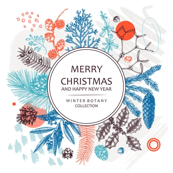 Merry Christmas Card Collage Style Banner Evergreen Plants Conifers Nuts — Stockvector