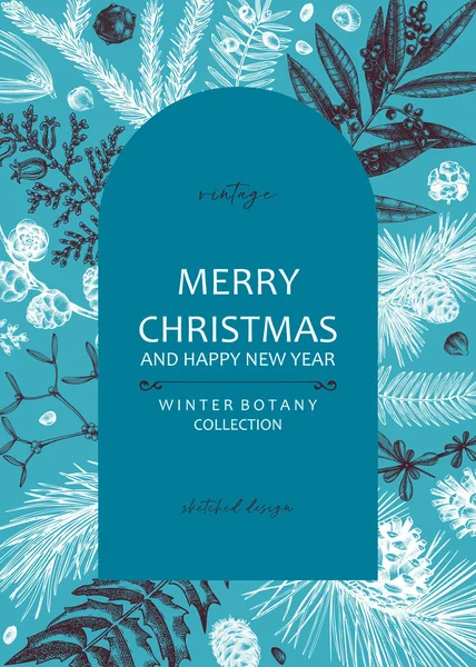 Merry Christmas Card Collage Style Banner Evergreen Plants Conifers Nuts — 스톡 벡터
