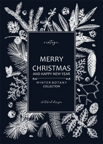 Merry Christmas Card Chalkboard Evergreen Plants Conifers Nuts Drawing Winter — Vettoriale Stock