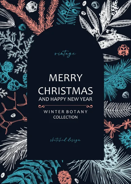 Merry Christmas Card Chalkboard Evergreen Plants Conifers Nuts Drawing Winter — 스톡 벡터