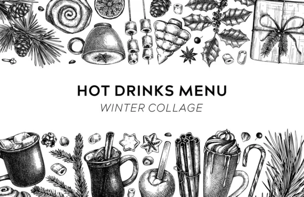 Hot Drinks Menu Design Mulled Wine Coffee Hot Chocolate Cocoa — Stock vektor