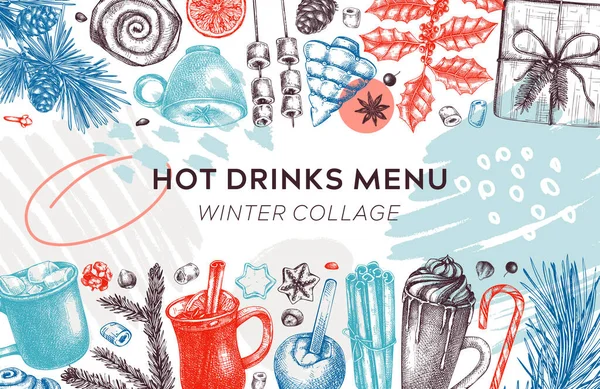 Hot Drinks Menu Design Mulled Wine Coffee Hot Chocolate Cocoa — Stockvector