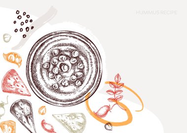 Humus arkaplanı. Akdeniz yemekleri, malzemeler, bitkiler, pide eskizleri. Vejetaryen yemek çizimi. Tabakta elle çizilmiş humus, pide ve nohut menü, tarif veya ambalaj tasarımı için.. 