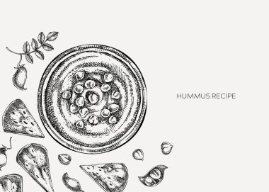 Humus arkaplanı. Akdeniz yemekleri, malzemeler, bitkiler, pide eskizleri. Vejetaryen yemek çizimi. Tabakta elle çizilmiş humus, pide ve nohut menü, tarif veya ambalaj tasarımı için.. 