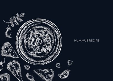 Tahtadaki humus arkaplanı. Akdeniz yemekleri, malzemeler, bitkiler, pide eskizleri. Vejetaryen yemek çizimi. Tabakta elle çizilmiş humus, pide ve nohut menü, tarif, ambalaj tasarımı için.. 