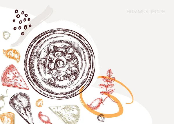 Humus arkaplanı. Akdeniz yemekleri, malzemeler, bitkiler, pide eskizleri. Vejetaryen yemek çizimi. Tabakta elle çizilmiş humus, pide ve nohut menü, tarif veya ambalaj tasarımı için.. 