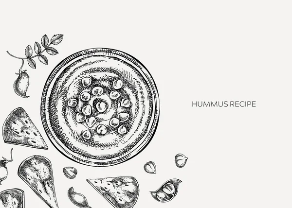 Humus arkaplanı. Akdeniz yemekleri, malzemeler, bitkiler, pide eskizleri. Vejetaryen yemek çizimi. Tabakta elle çizilmiş humus, pide ve nohut menü, tarif veya ambalaj tasarımı için.. 