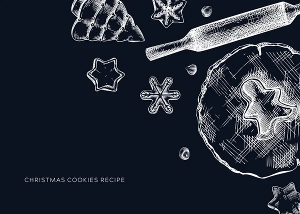 黒板にクリスマスクッキーのバナー スケッチ調理プロセス要素セット クッキー 圧延ピン クリスマスの装飾 メニュー レシピ バナー グリーティングカードのための自家製クッキーの手描き — ストックベクタ