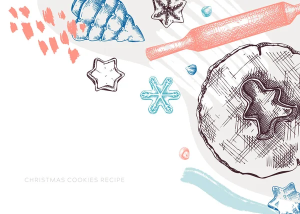 Kolaj tarzında Noel kurabiyeleri afişi. Eskiz pişirme süreci elementleri: kurabiye, hamur, merdane. Noel dekoru, yemek tarifi, afiş ve tebrik kartları için el yapımı kurabiyeler..