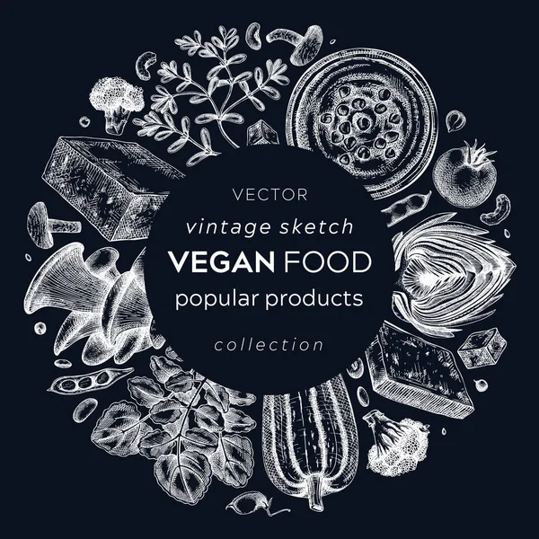 Veganes Essen Skizzierte Kranz Auf Kreide Banner Vorlage Für Gesunde — Stockvektor