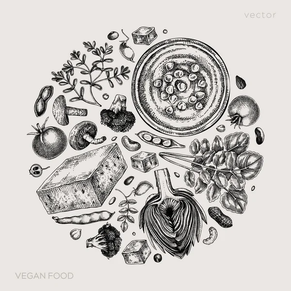 Vegan Food Sketched Illustration Modelo Banner Comida Saudável Projeto Cozinha — Vetor de Stock