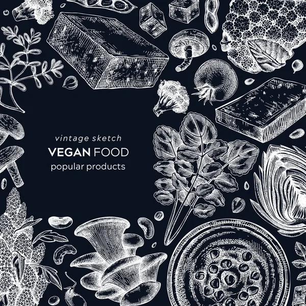 Vegan Food Sketched Card Chalkboard Modelo Bandeira Comida Saudável Quadro — Vetor de Stock