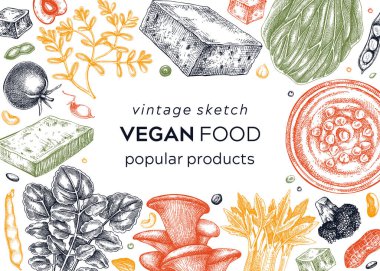 Vegan food sketched frame. Healthy food banner template. Middle eastern cuisine background. Hand-drawn vegan meals and ingredients for menu, recipe, and packaging design. Vegan food sketches in color clipart