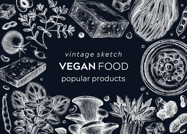 Comida Vegan Esboçou Banner Modelo Comida Saudável Chalkboard Fundo Cozinha — Vetor de Stock