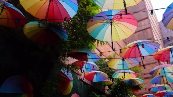 Färgglada paraplyer gata dekoration — Stockvideo