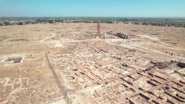 Aerial View Archaeological Excavation Site Harran University Waving Turkish Flag — Stok Video