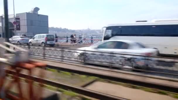 Cars Driving People Fishing Galata Bridge View Tram Carriage — Stockvideo