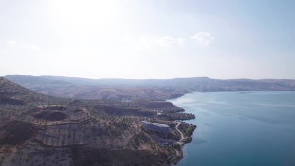 Aerial View Birecik Dam Water Reservoir Euphrates River Ruins Ancient — Stok Video