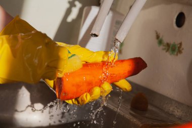 Sebzeleri yıkıyor. Sarı lastik eldivenli eller yumuşak bir bez kullanarak akan suyun altında kırmızı havuçları yıkar. Güneş ışığı kısmen elimize düşüyor.