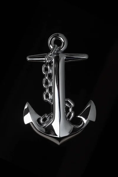 Chromed Admiralty Anchor Fragment Chain Black Background Close — Stock Photo, Image