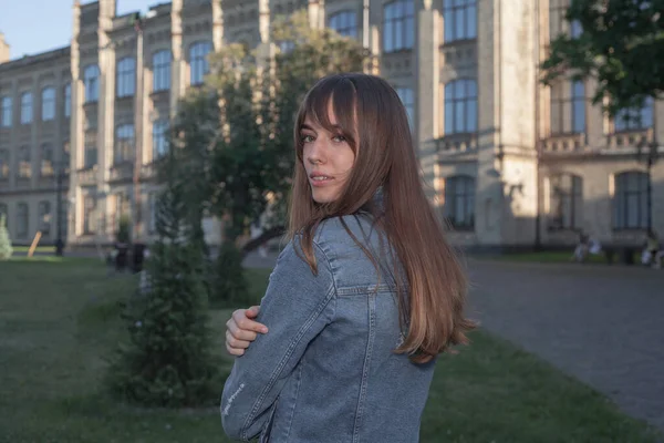 Cute Young Student Long Hair Denim Jacket Walks Campus Autumn — Stock Photo, Image