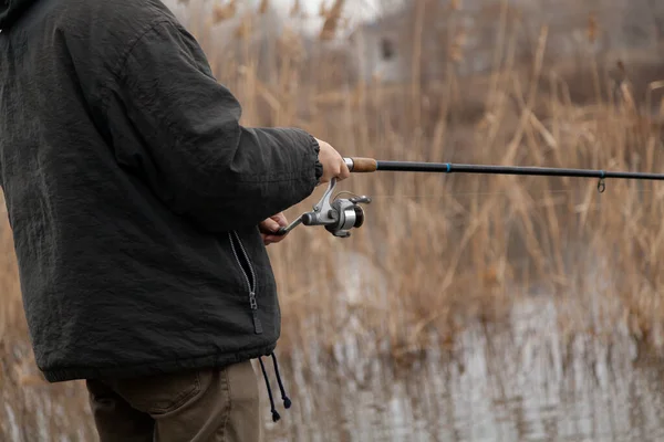Hands Spinner Turn Handle Spinning Reel Telescopic Fishing Rod Autumn — Stockfoto