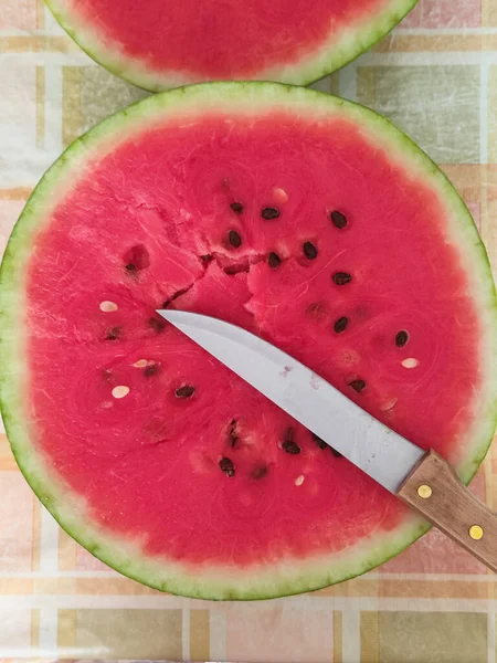 Appetizing Cut Red Ripe Watermelon Shape Lies Checkered Tablecloth Top — Photo