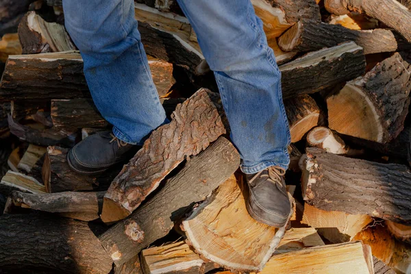 Man Blue Jeans Shoes Stands Pile Mulberry Tree Firewood View — стоковое фото