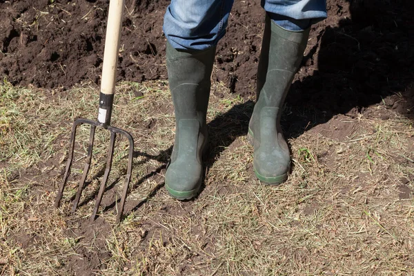 Feet in rubber boots are on the ground. Nearby are a pitchfork with four prongs. Behind a dug up piece of land. larg