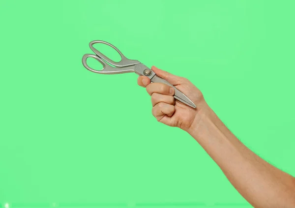 Closing Scissors Right Hand Isolated Green Chroma Key Backgroun — Stock Photo, Image