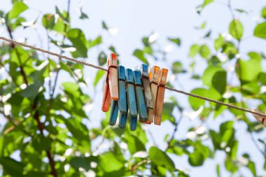 Birkaç plastik mandal, yakın plan bir ipte ağırlaştırılır. Bulanık yeşil ağaç yaprakları.