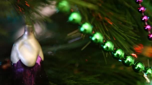 Long Glass Beads Different Colors Adorn Green Branches Christmas Tree — Vídeo de Stock