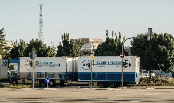 Duży samochód ciężarowy z logotypem Rijnsburg Holandia Bloemenexport ciężarówka jazdy na zarodkowym mieście Kehl — Zdjęcie stockowe