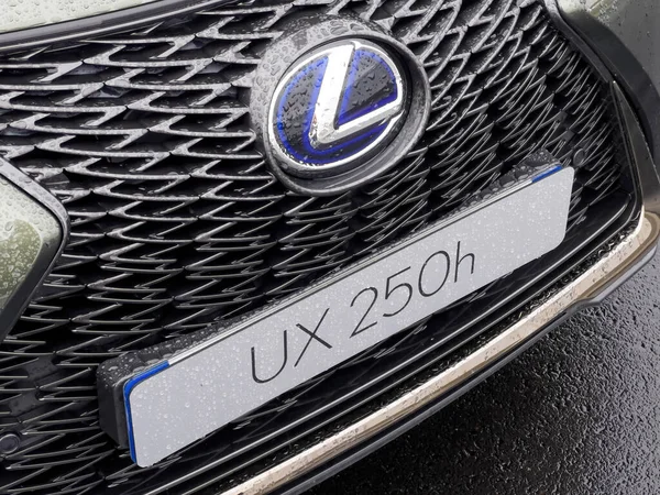 Vooraanzicht van Lexus elektrische UX 250h SUV auto geparkeerd in de stad op een regendag — Stockfoto