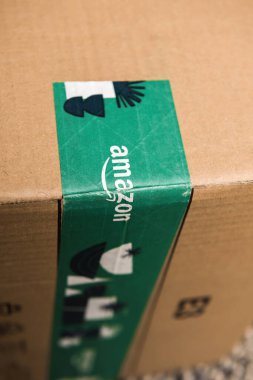 Close-up of new Amazon Prime cardboard box with Christmas winter holidays