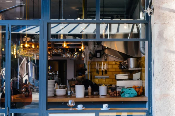 View of street cafe interior from the street large showcase glass window — Stock Photo, Image