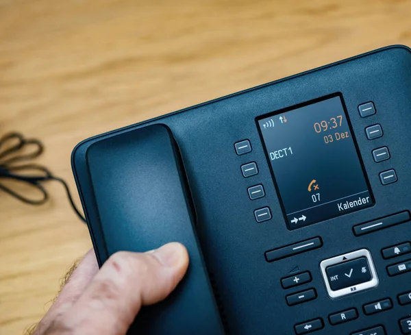 Please connect mobile base text on the new office telephone with large digital display with DECT1 — Zdjęcie stockowe