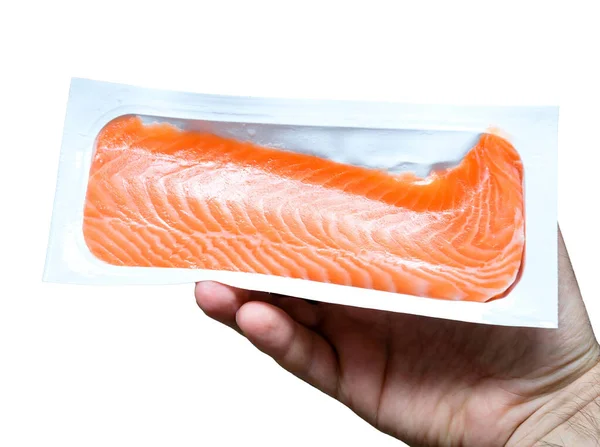 Holding delicious fresh Salmon sashimi quality salmon bio organi — стоковое фото