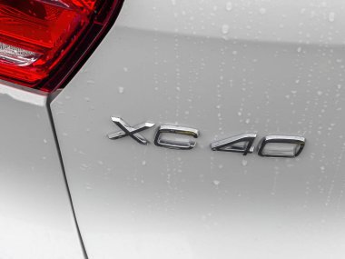 Rear view of XC 40 inscription on modern electric Volvo Car