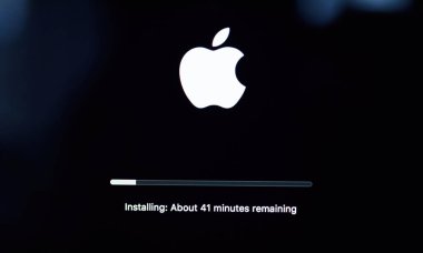 Close-up of Apple MacBook Pro laptop during the installation of fresh MacOS operating system