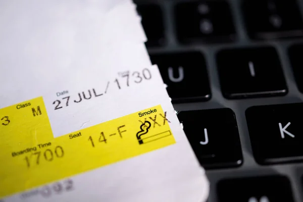 Extreme close-up of Boarding pass with close-up macro text of smoke forbidden during flight — ストック写真