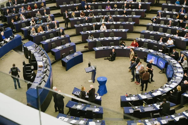Hemicycle of European Parliament with media photographer and videographers — Zdjęcie stockowe