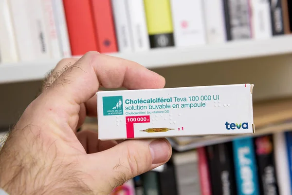 Package with Cholecalciferol also known as vitamin D3 manufactured by Teva pharmaceuticals — стоковое фото