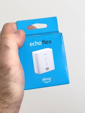 POV erkek elinde karton kutu Amazon Echo Flex hoparlörü ve entegre Alexa