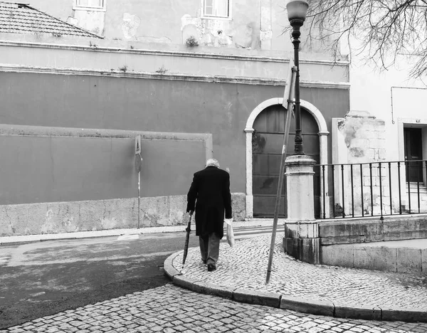Black and white image rear view of single senior man with cane walking on the cobblestone — Stock Photo, Image