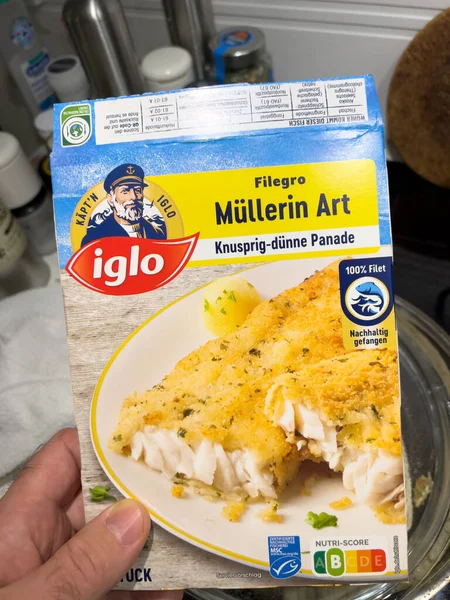 POV mannelijke hand holding pakket met Iglo Mullerin Art bevroren voedsel met Panade vervaardigd door Iglo — Stockfoto